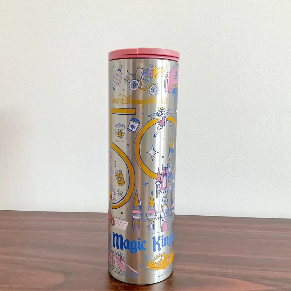 Disney World 50th Anniversary Magic Kingdom Starbucks Metal Tumbler Bottle New